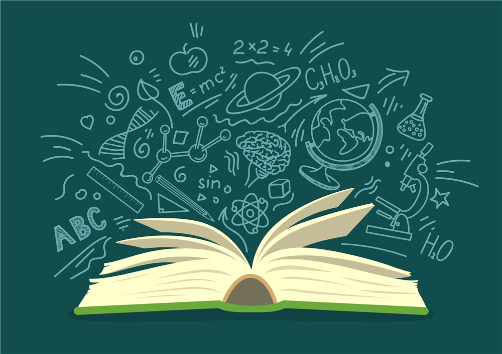  open book with subjects floating above it